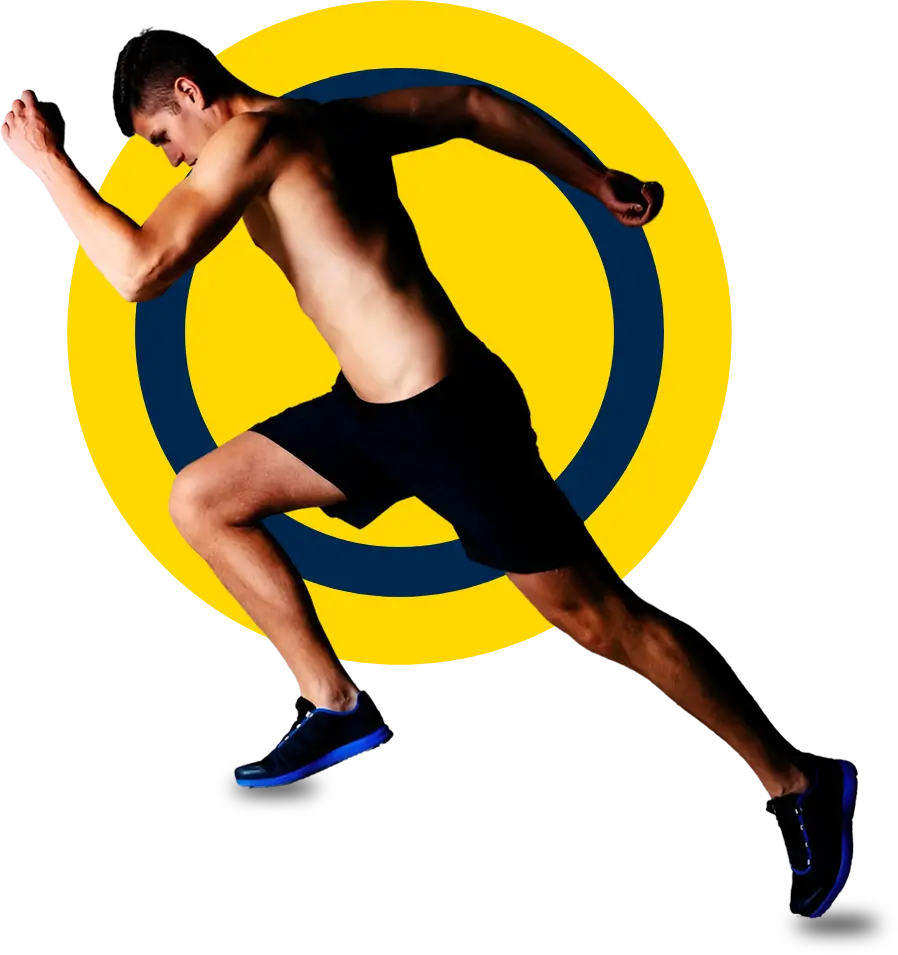 A man running in front of a yellow circle.